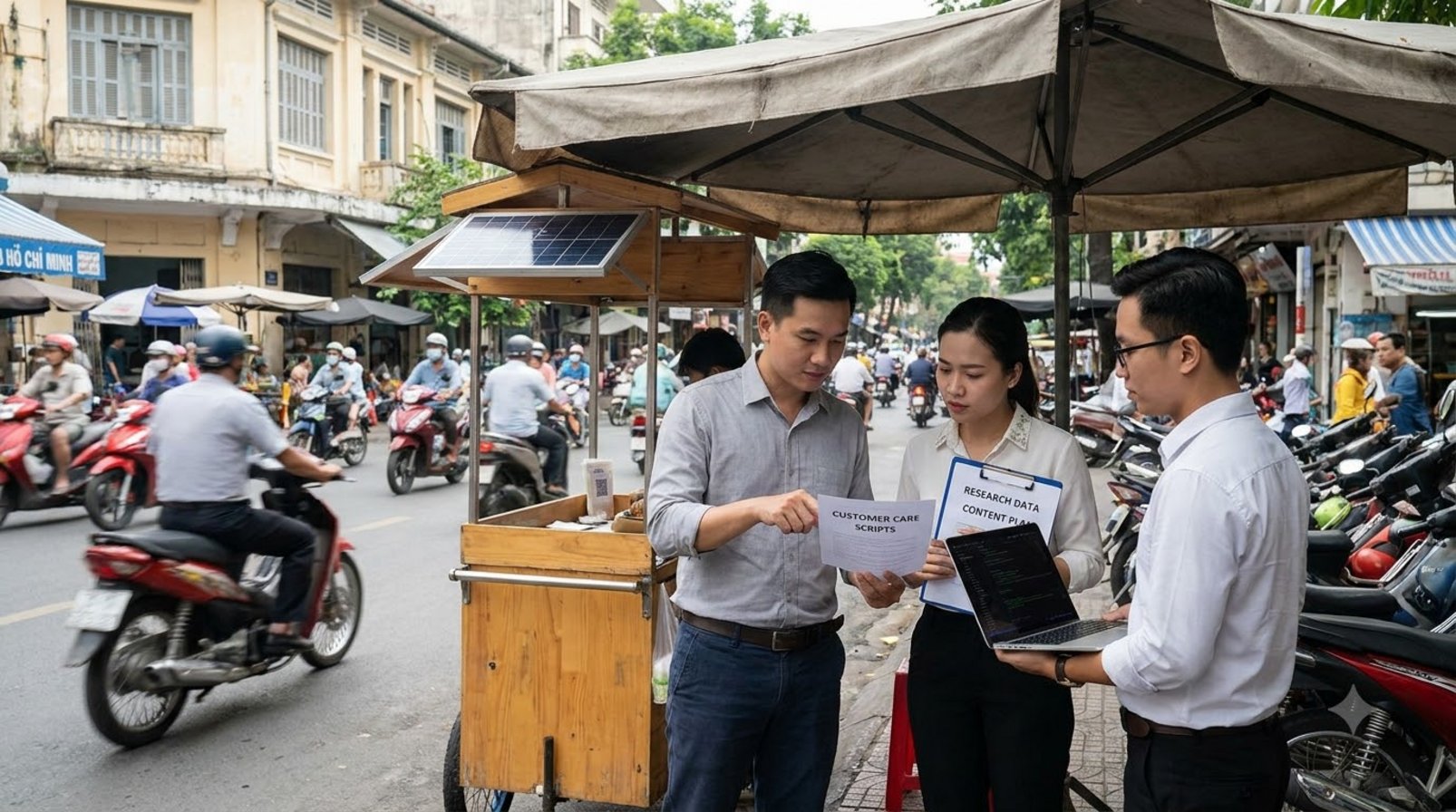 Đội marketing Việt Nam xem bản in chiến dịch giữa phố, xe máy và quầy dịch vụ di động