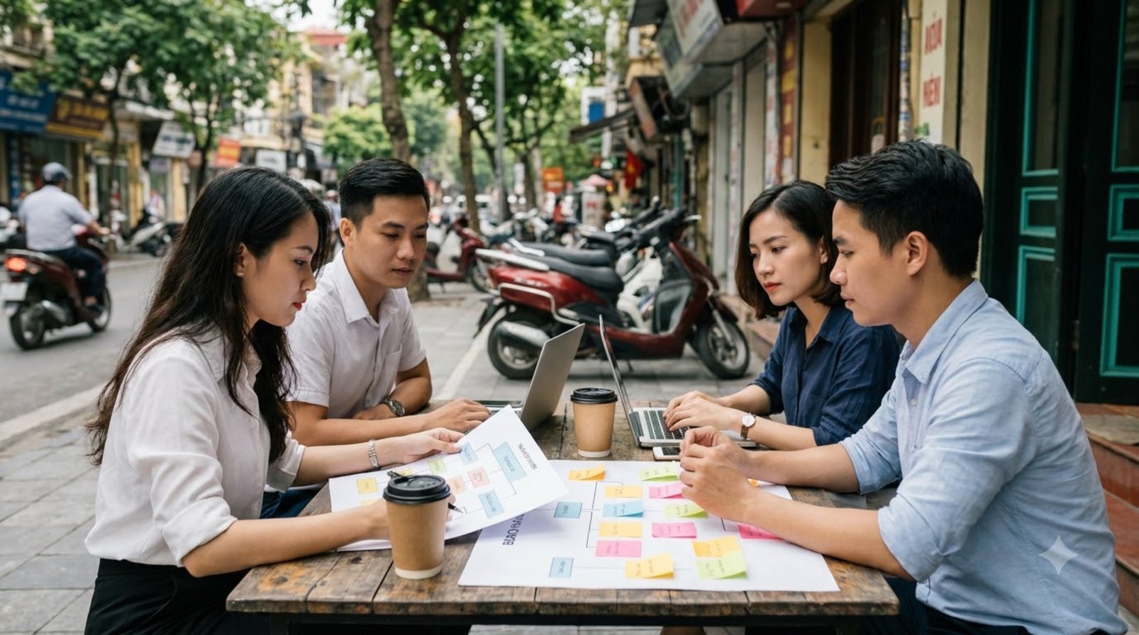 Nhóm marketer ngồi ở quán cà phê vỉa hè, xem sơ đồ quy trình và ghi chú