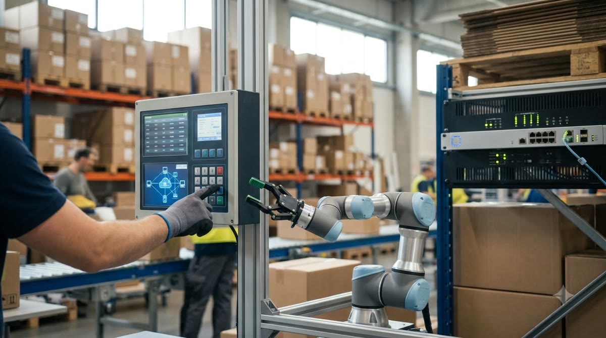 Robot thao tác trên quầy demo giữa kho hàng và thiết bị mạng