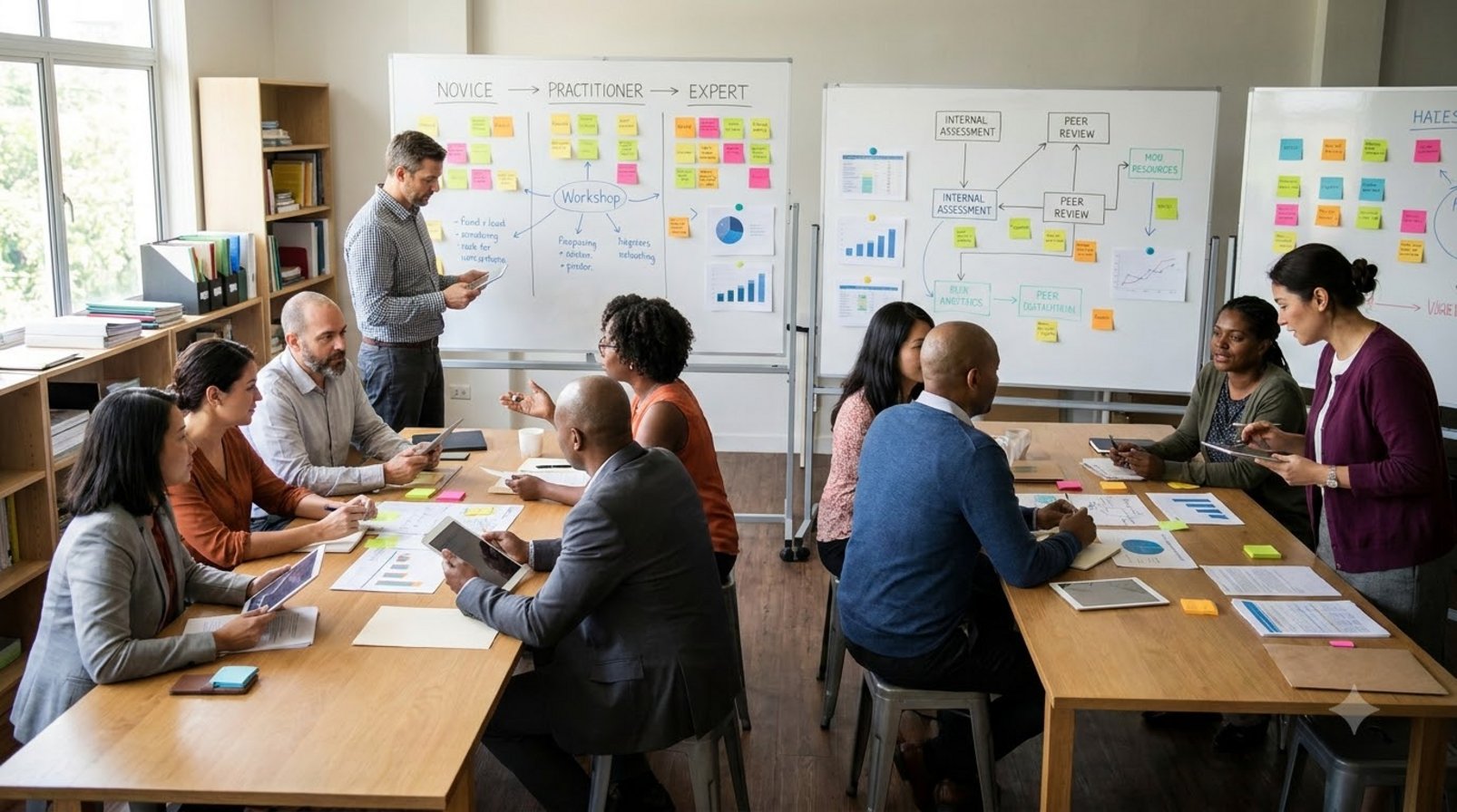 Hands-on training session with whiteboard, sticky notes and printed dashboards
