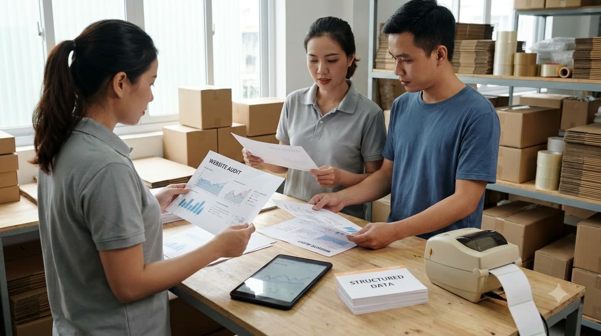 Nhóm marketing Việt Nam xem giấy audit, thẻ dữ liệu và thùng hàng trong kho