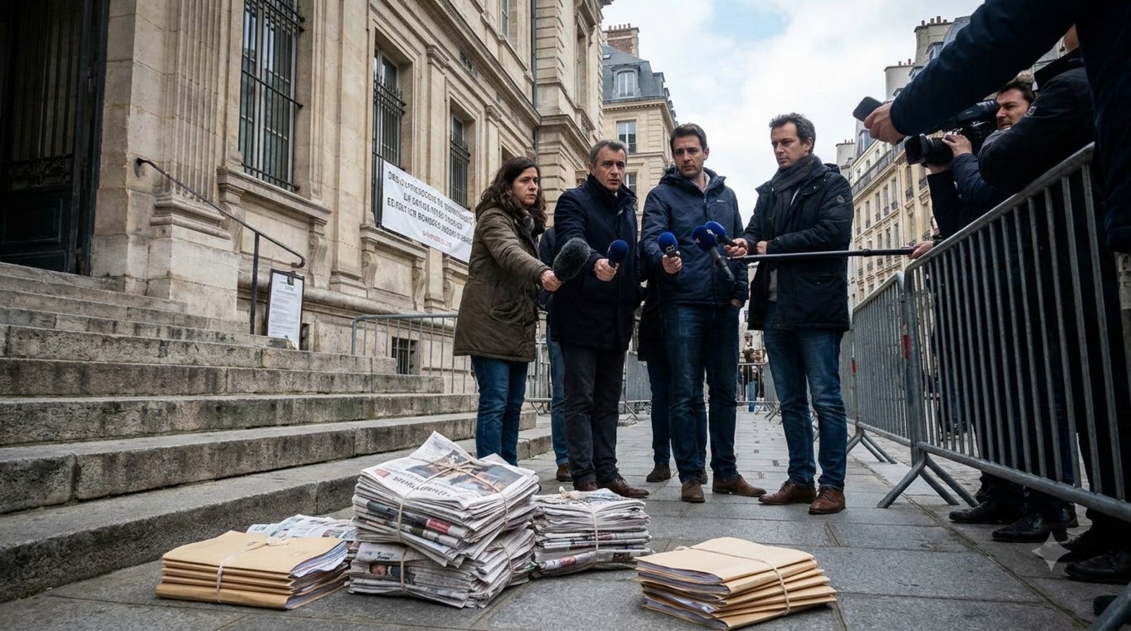 Phóng viên đứng trước tòa án Paris với bó báo và hồ sơ pháp lý