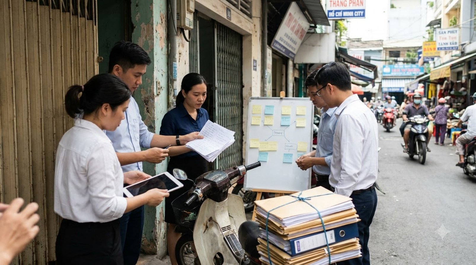 Nhóm đang xem giấy ghi chú quy trình trước cửa hàng phố Việt Nam