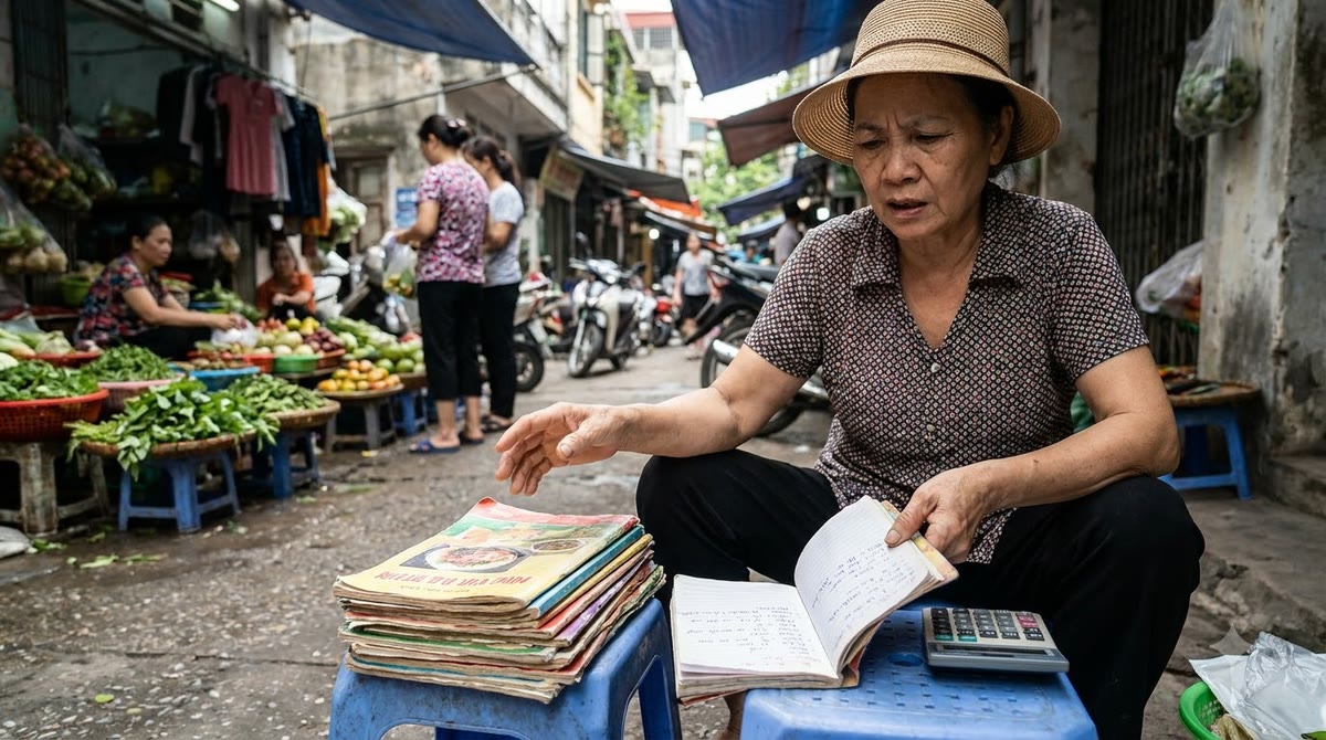 Ngõ chợ Việt Nam với người bán xem brochure, sổ tay và máy tính cầm tay