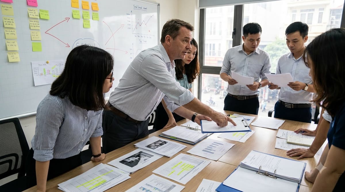 Nhóm marketing Việt Nam rà soát giấy tờ đo lường trong phòng họp