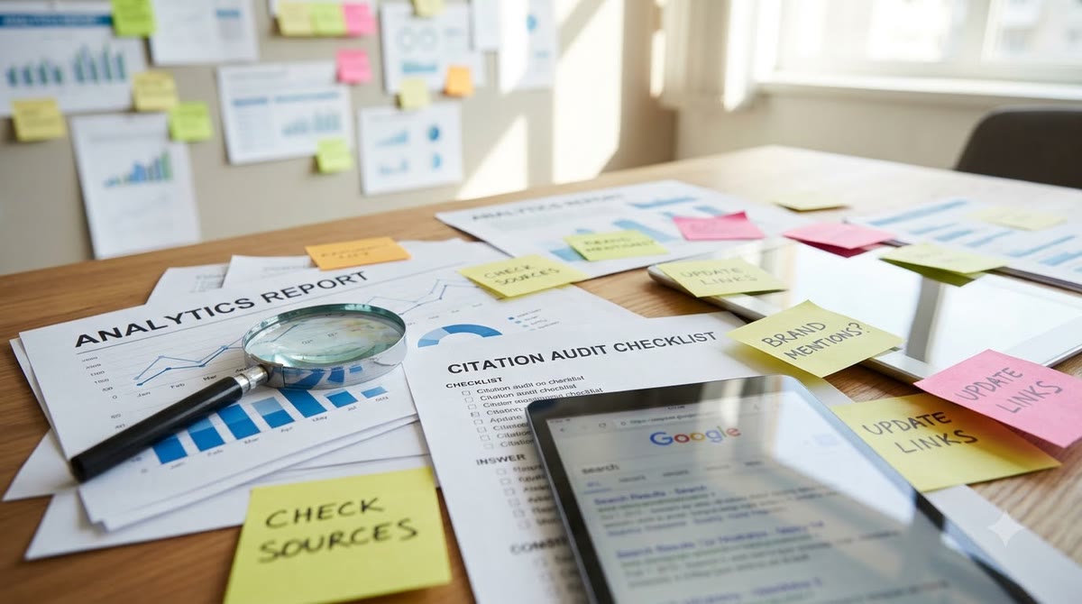A desk covered with printed reports, a magnifying glass, and a citation checklist