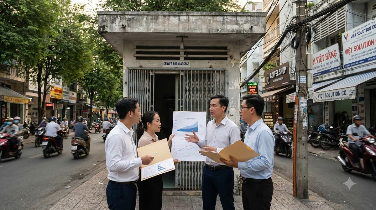 Nhóm marketer đứng ngoài tòa nhà văn phòng nhỏ giữa phố đông ở TP.HCM