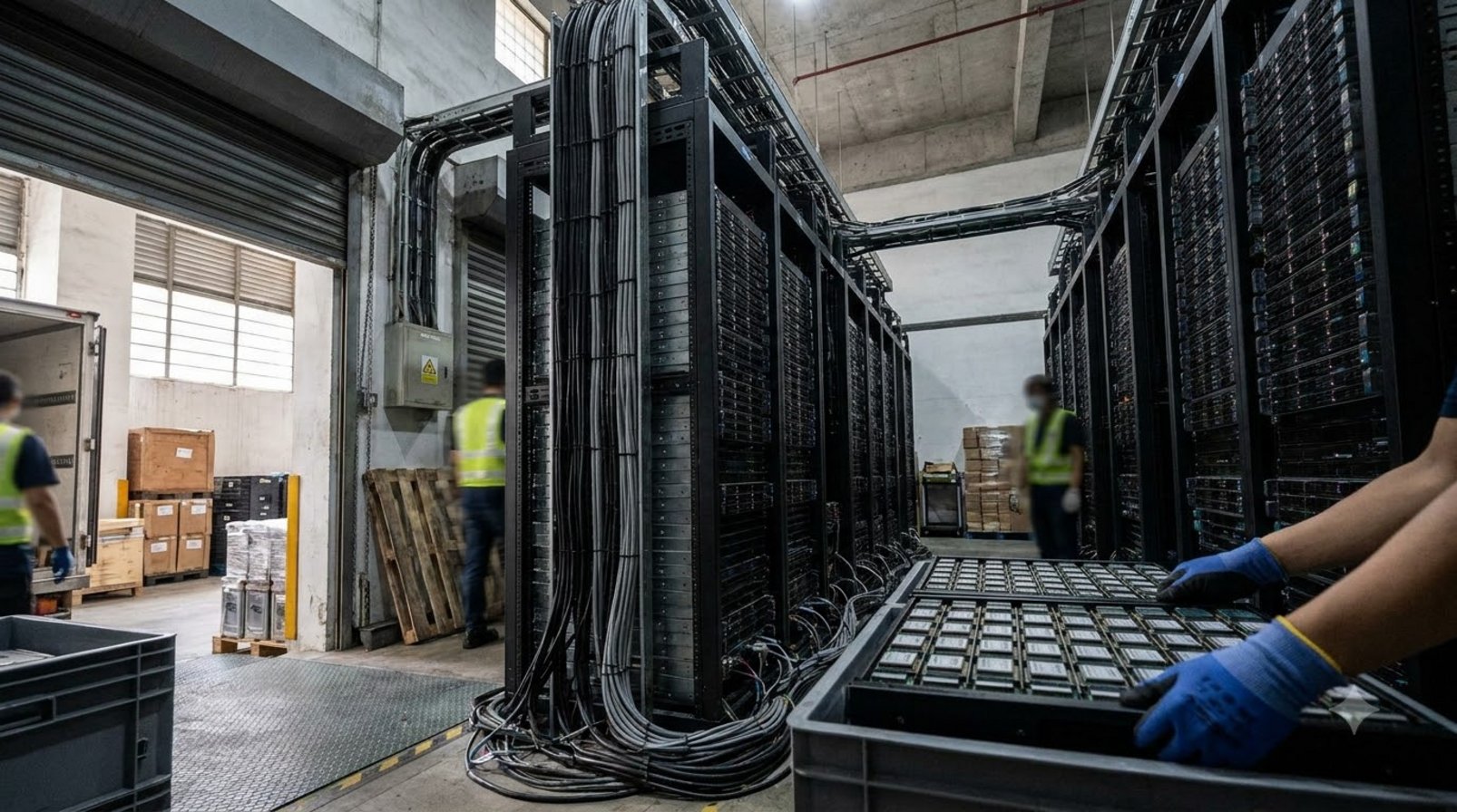 Rows of AI servers and chips stacked in a data center, with a technician checking equipment