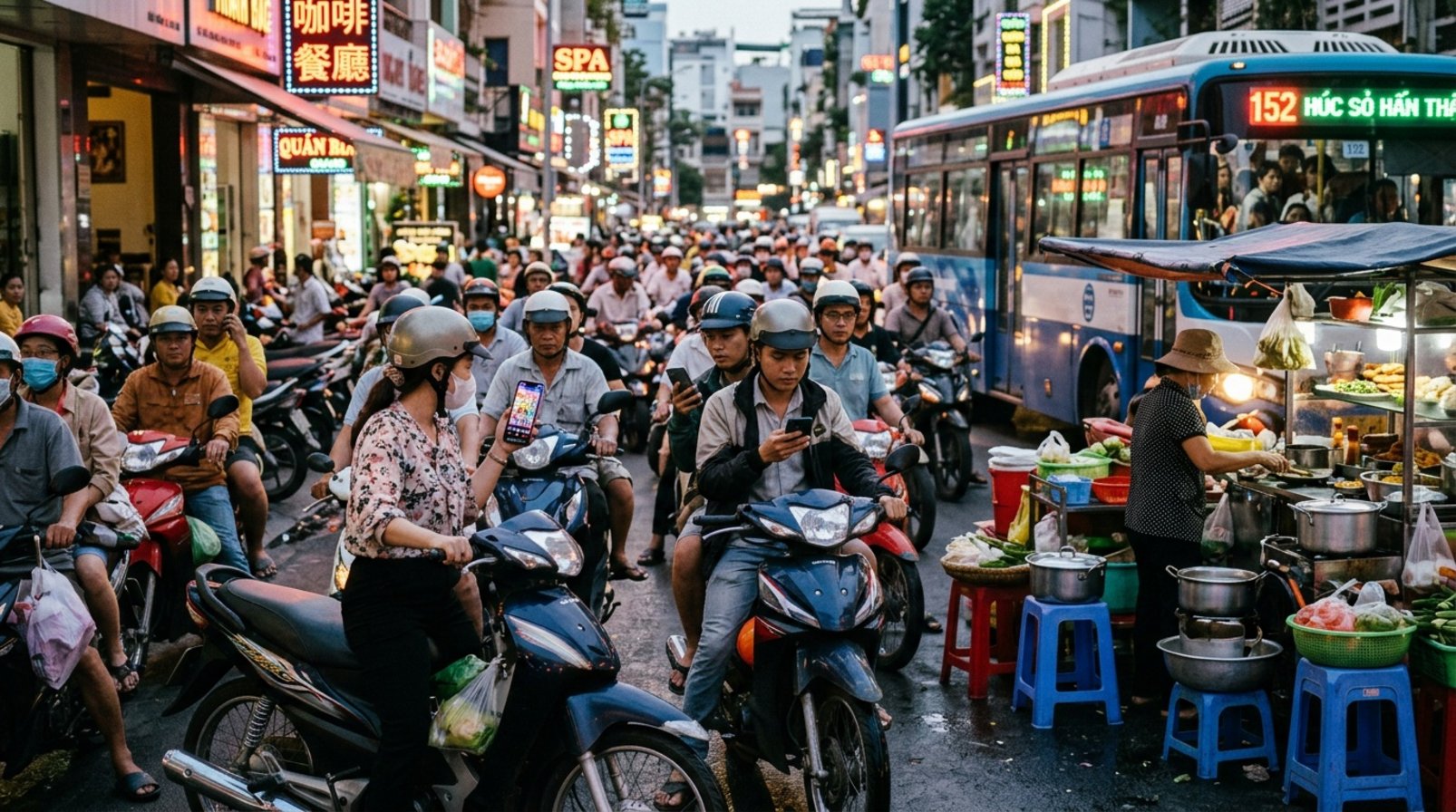 Đường phố Việt Nam đông xe máy, người dùng xem nội dung ngắn trên điện thoại