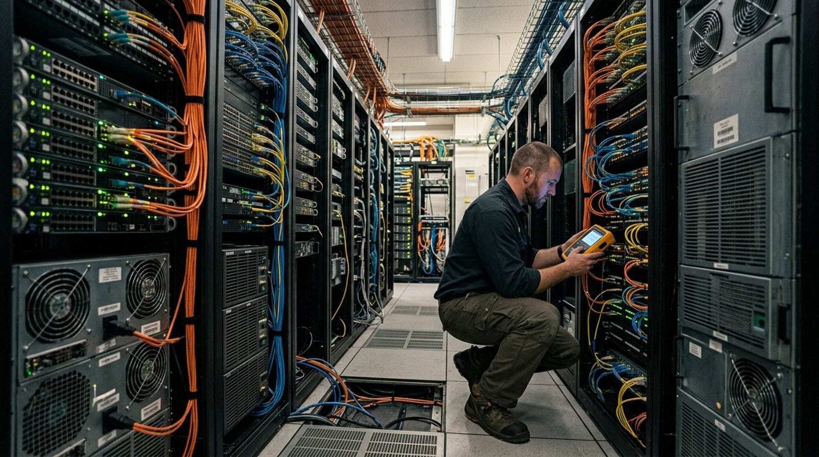 Phòng máy chủ với đèn rack sáng và kỹ thuật viên kiểm tra hệ thống
