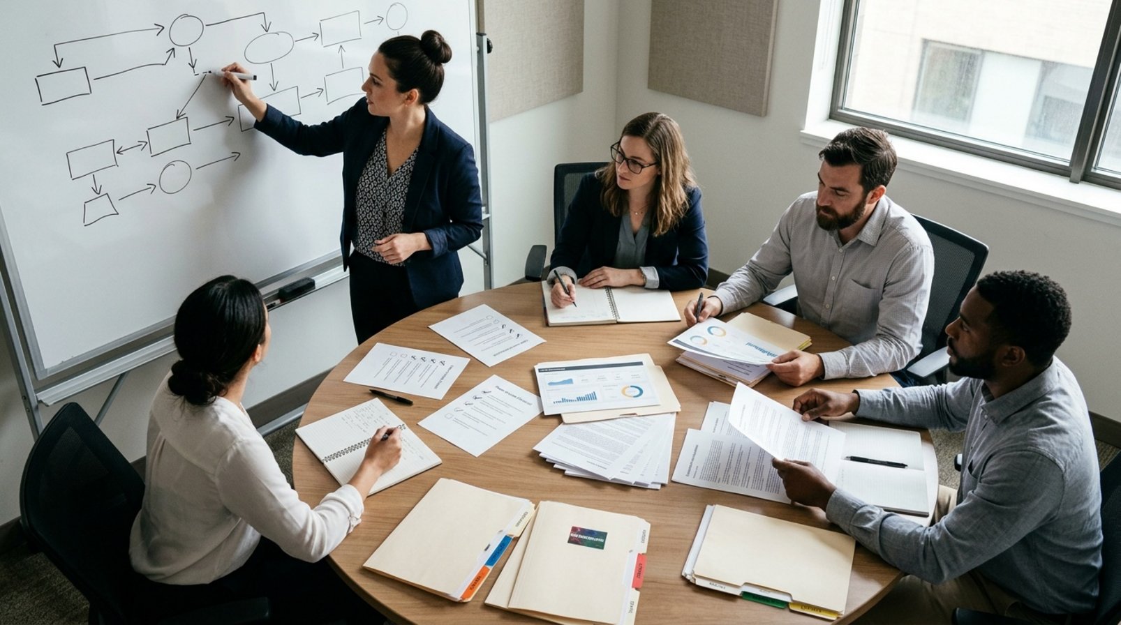 Bàn họp với checklist, biểu mẫu và tài liệu quy trình AI cho social