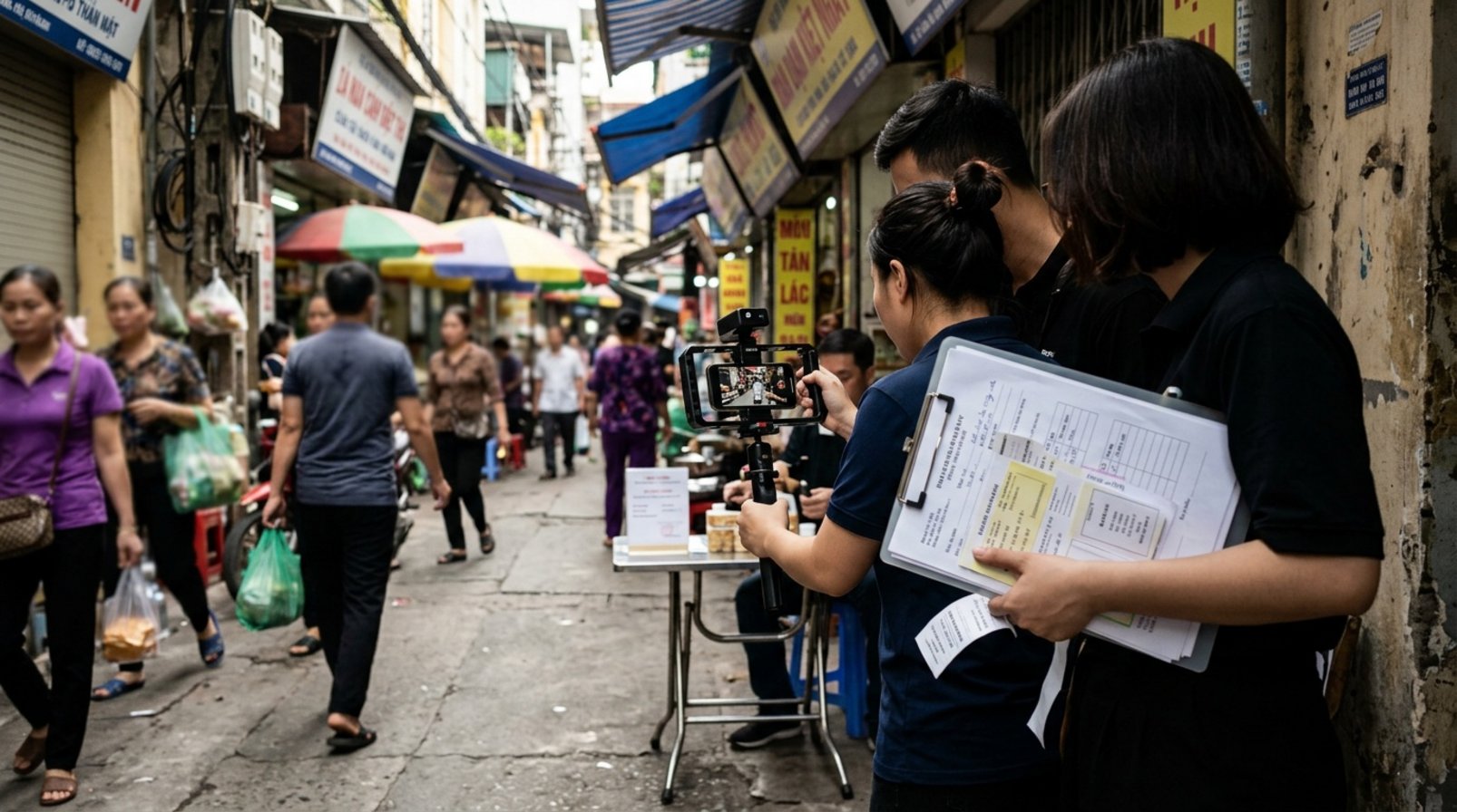 Ngõ phố Việt Nam tấp nập với nhóm quay ghi hình, form giấy và thiết bị di động