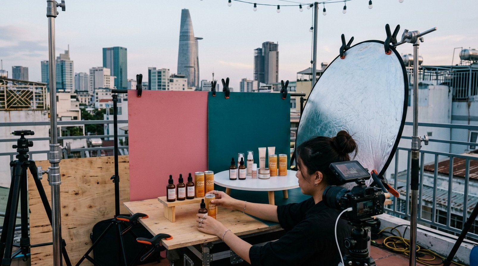Không gian rooftop với sản phẩm bày sẵn và dụng cụ quay cho nhiều biến thể