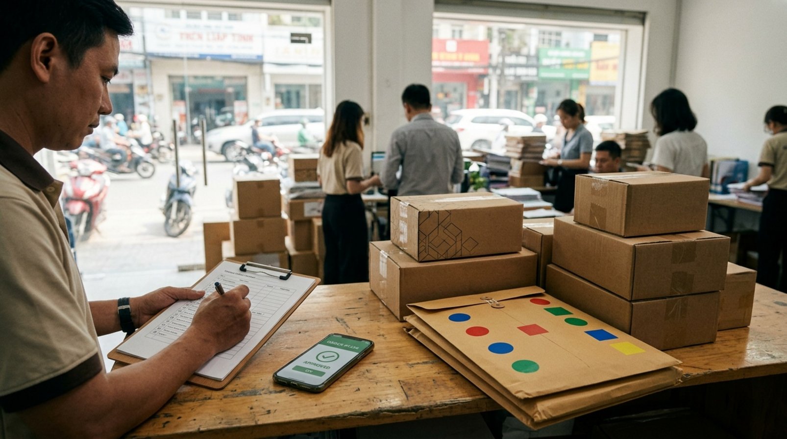 Khu tiếp nhận của agency ở TP.HCM với hộp sản phẩm, clipboard và phong bì niêm kín