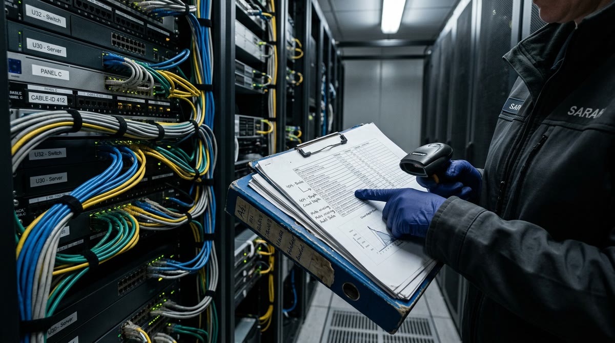 Staff checking the site map and technical records in the server room