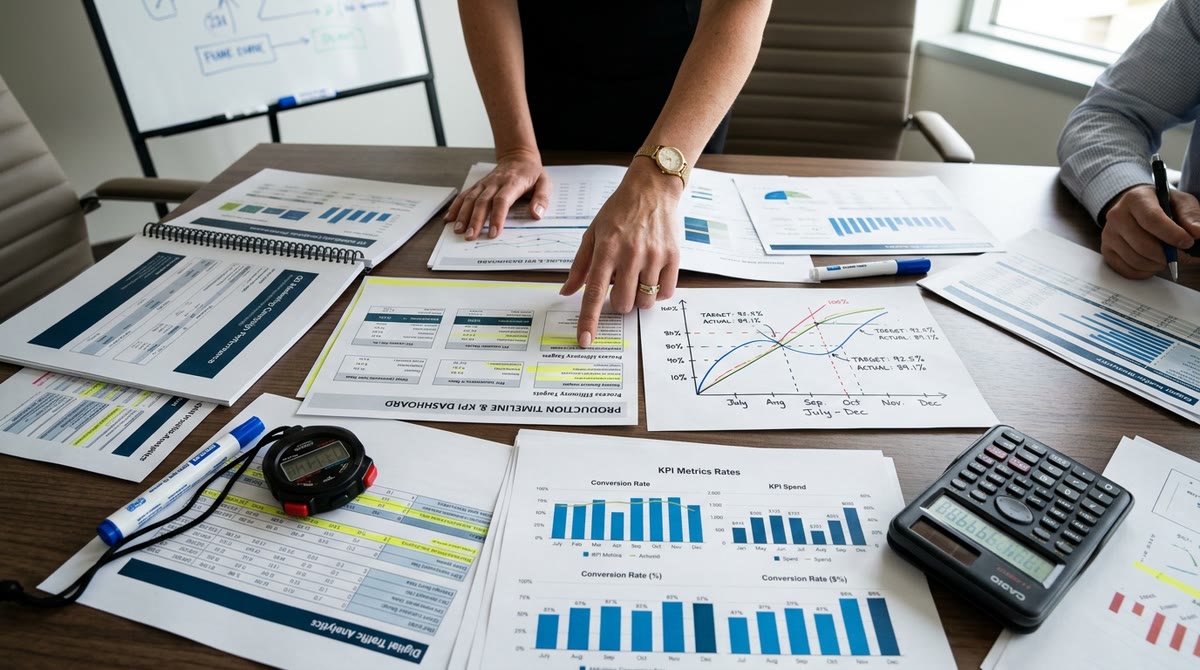 Bảng KPI in giấy, đồng hồ bấm giờ và tài liệu chiến dịch trên bàn họp
