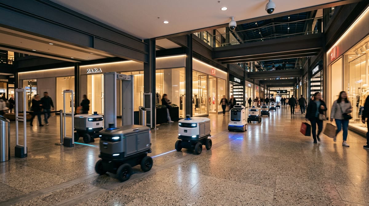 Nhiều robot dịch vụ di chuyển phối hợp trong hành lang trung tâm thương mại