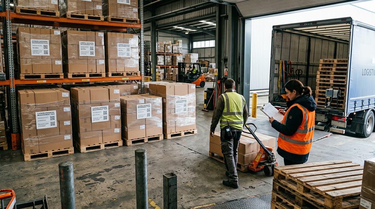Kho hàng logistics với pallet, thùng hàng và biểu mẫu kiểm tra phát thải carbon
