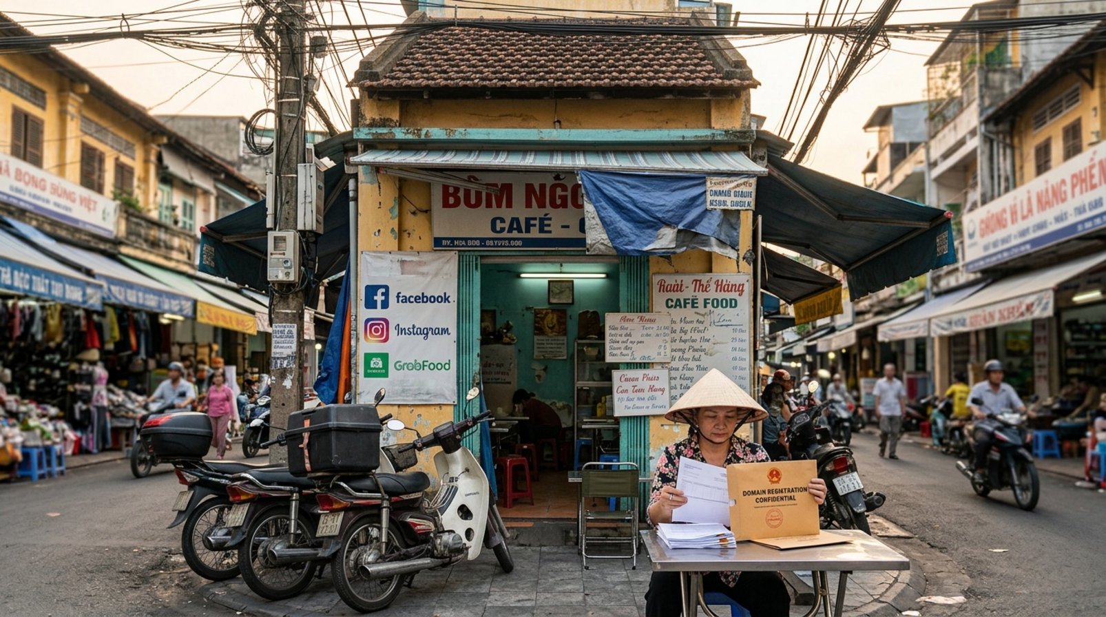 Mặt tiền quán cà phê Việt Nam, xe máy giao hàng và giấy tờ kiểm tra tên miền