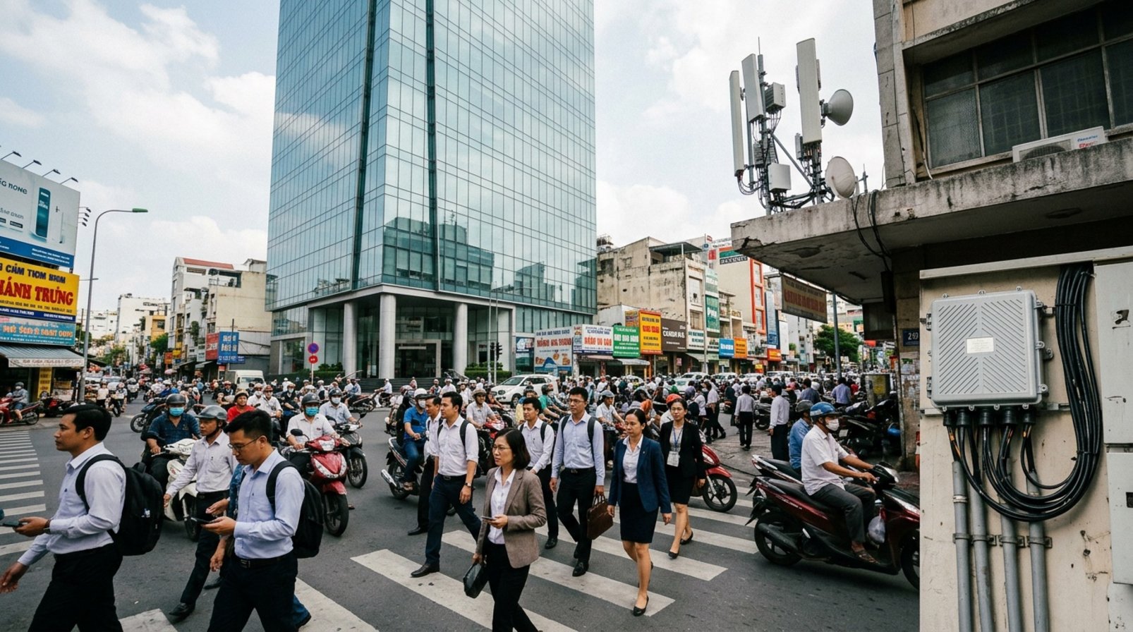 Đường phố Sài Gòn trước tòa nhà văn phòng với người đi bộ và xe máy