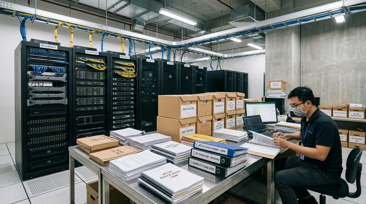 Phòng máy chủ cạnh các hộp lưu trữ, hồ sơ CRM, ERP và tài liệu quảng cáo