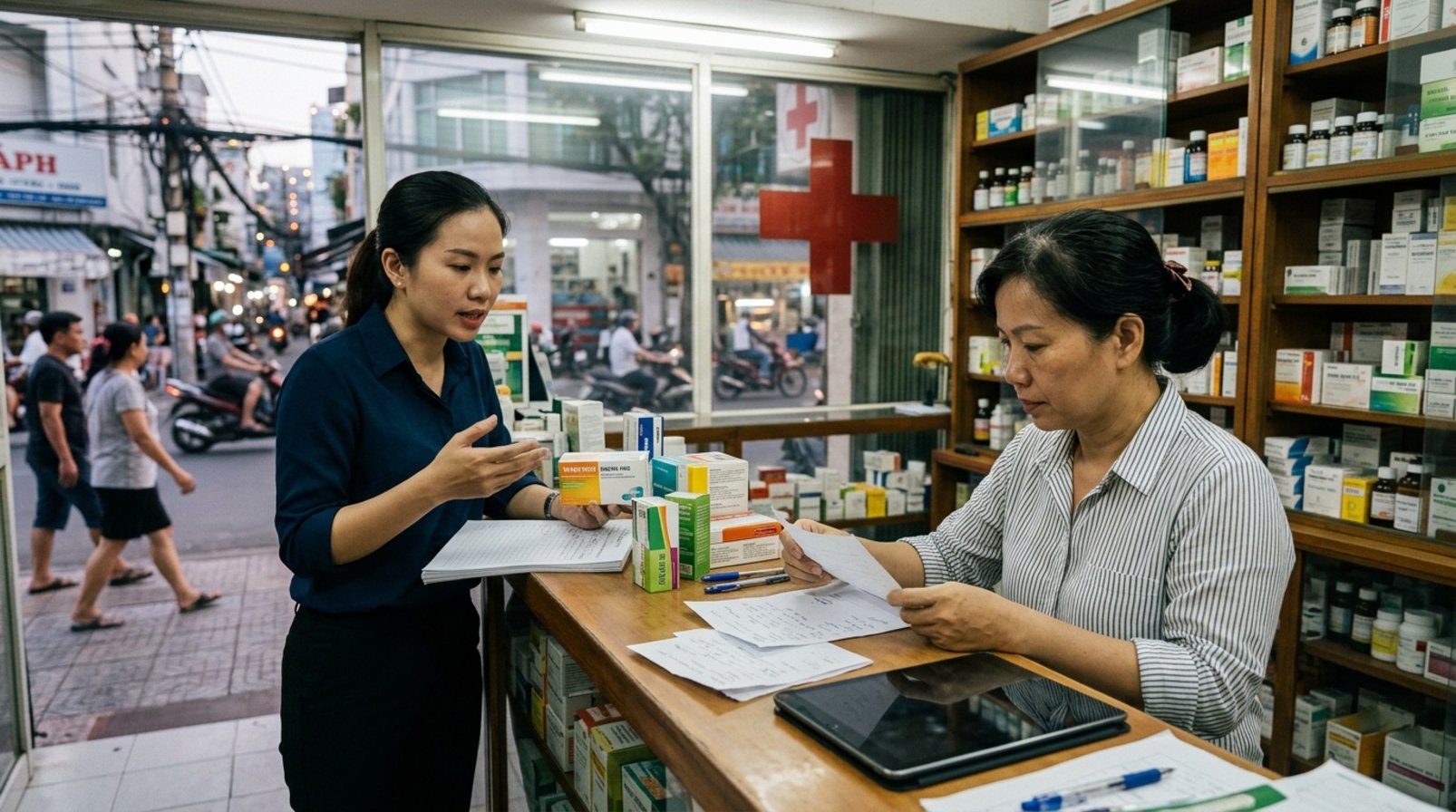 Chủ tiệm thuốc và tư vấn viên xem đơn hàng giấy tại quầy