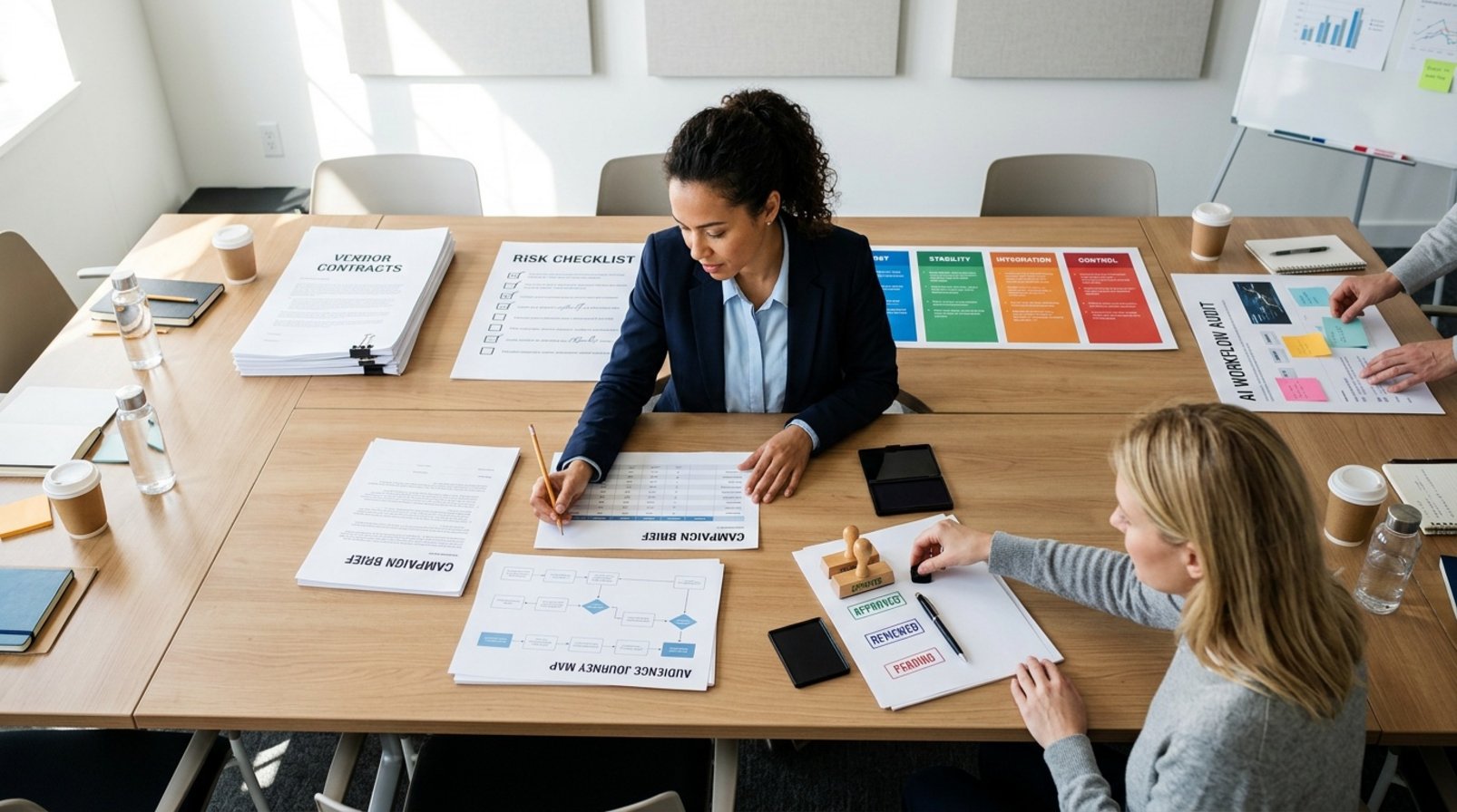 Bàn workshop với tài liệu, checklist rủi ro và các thẻ quy trình AI