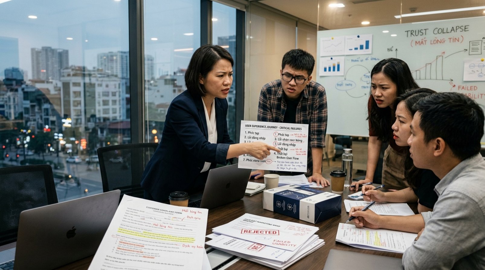 Nhóm marketing xem các bản in phản hồi khách hàng và quy trình bị gián đoạn