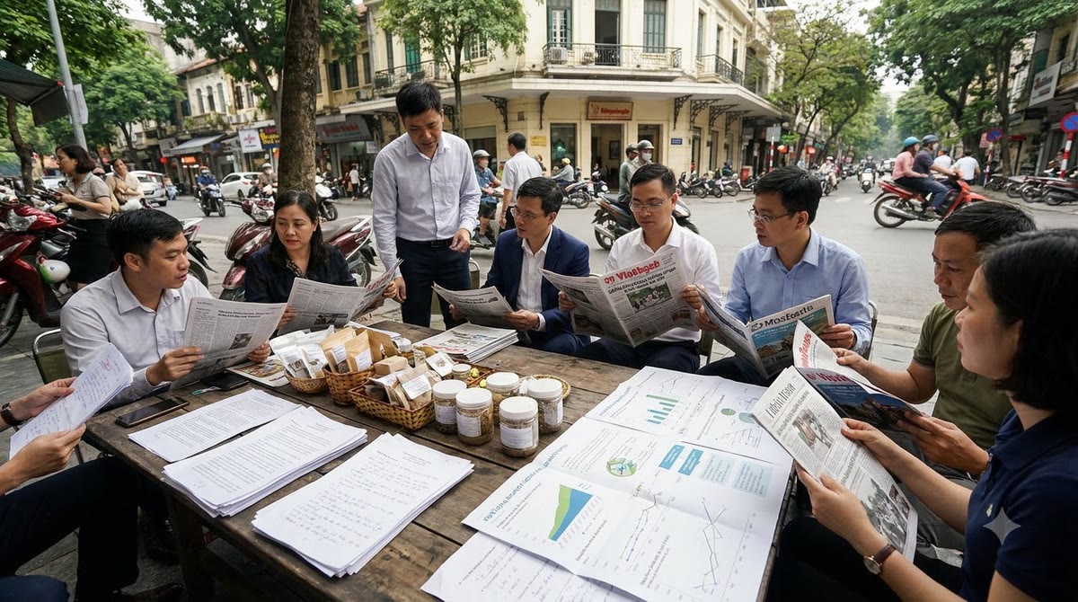 Bản in nghiên cứu, tạp chí và báo giấy được đối chiếu ở quán cà phê Hà Nội