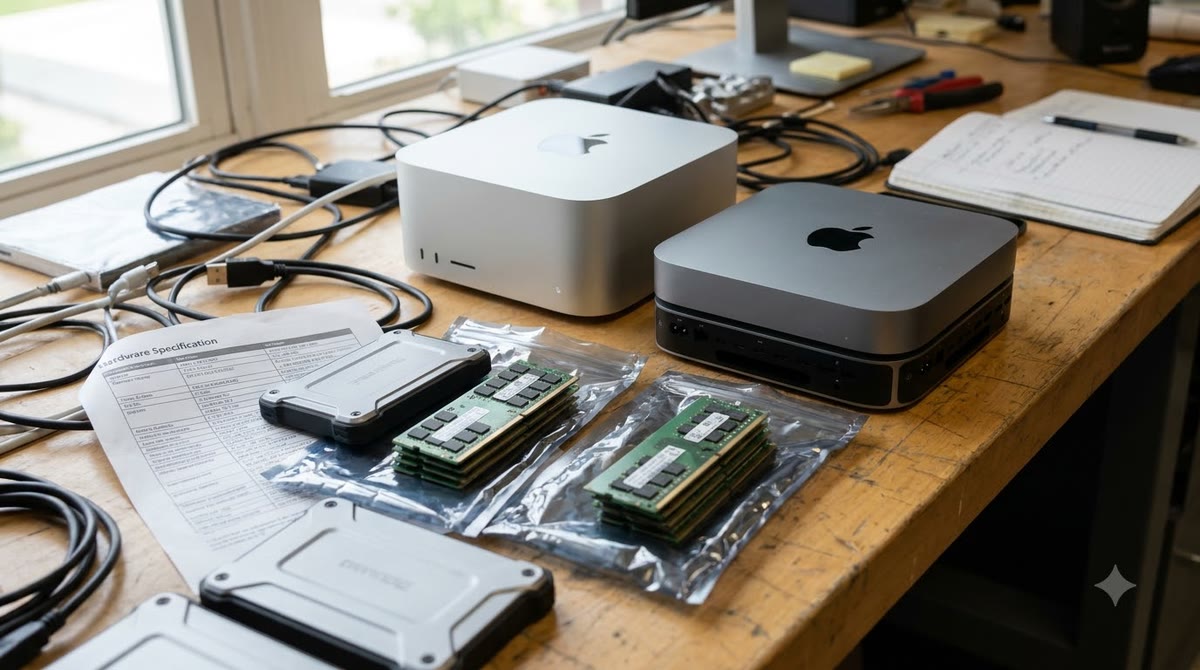 Bộ Mac mini và Mac Studio đặt cạnh các thanh RAM và linh kiện lưu trữ