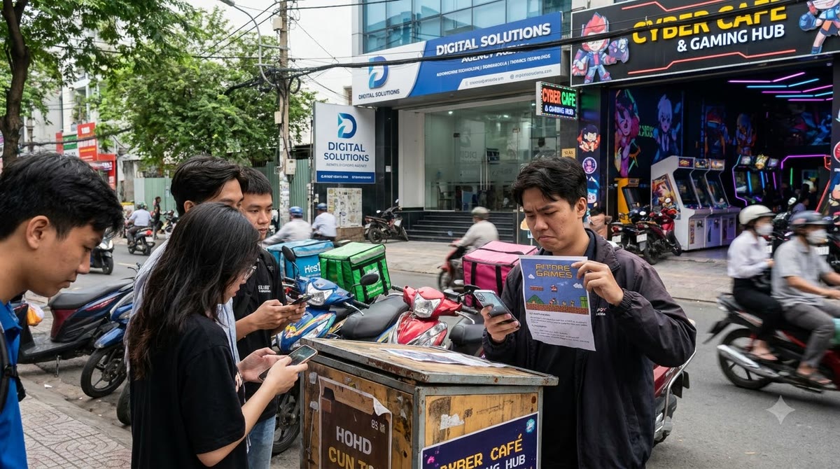 A young person on a Vietnamese street carefully looking at a flyer and a phone