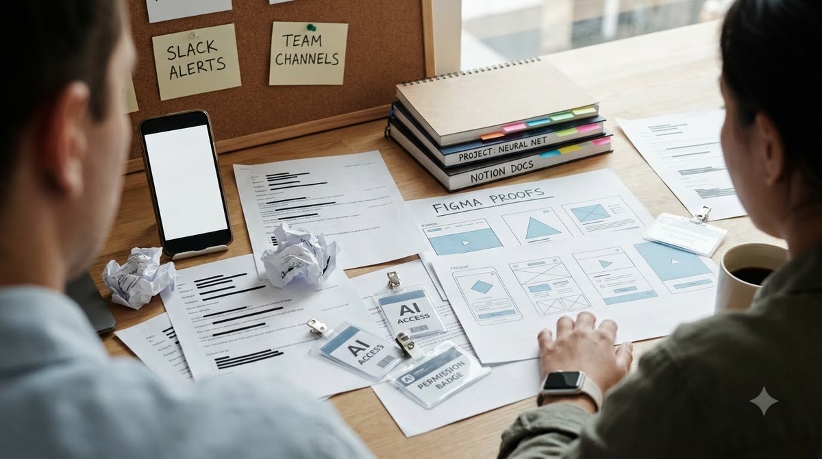 A phone, notes, and a notice board showing an agent moving across multiple work apps