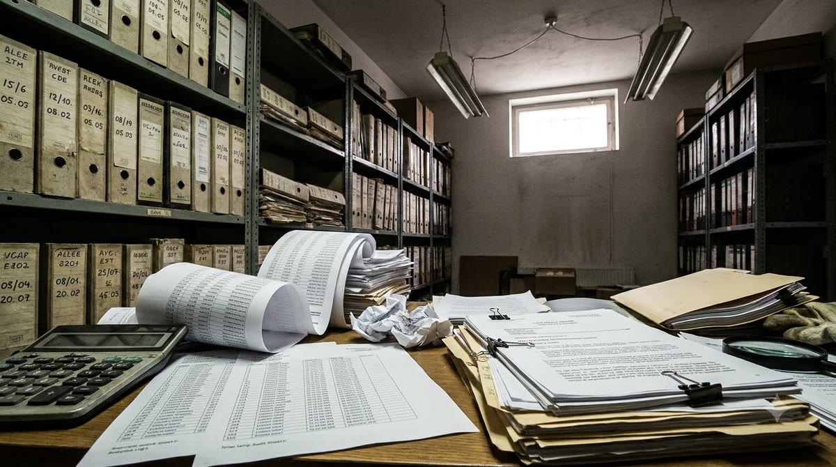 A file shelf, printed reports, and a logbook used to cross-check platform data