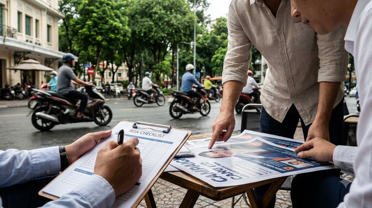 Nhóm marketing xem bản in chiến dịch ngoài quán cà phê giữa phố đông xe máy