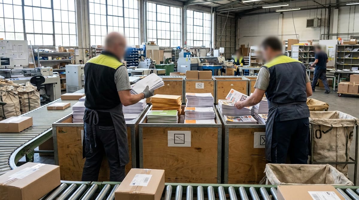 An employee sorting transactional, promotional, and newsletter mail in a mailroom