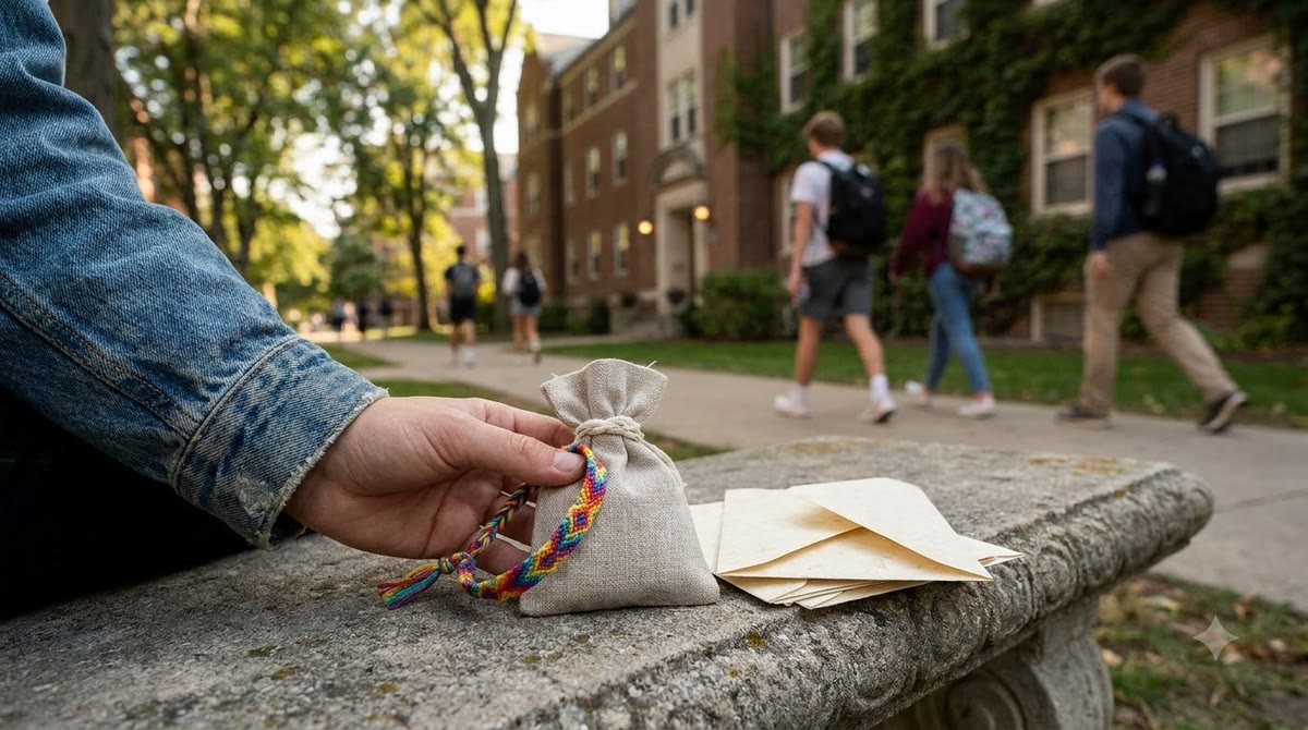 Close-up of wristbands and invitation cards placed on a stone bench