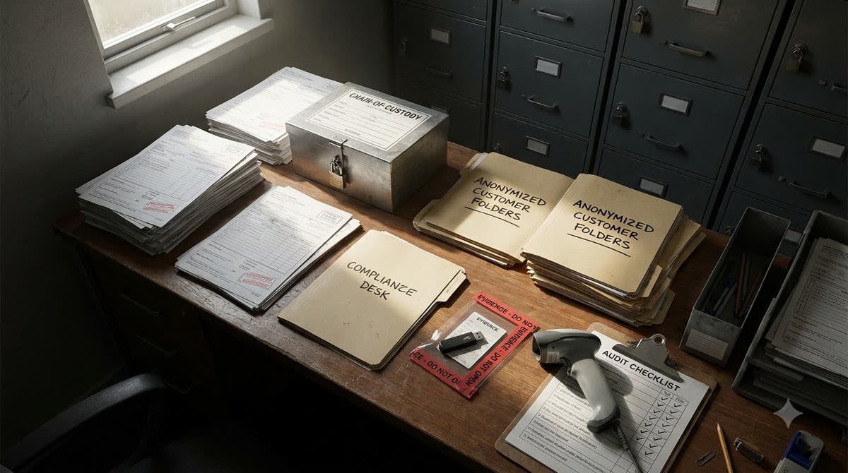 Security files, sealed box and audit slips on a storage table