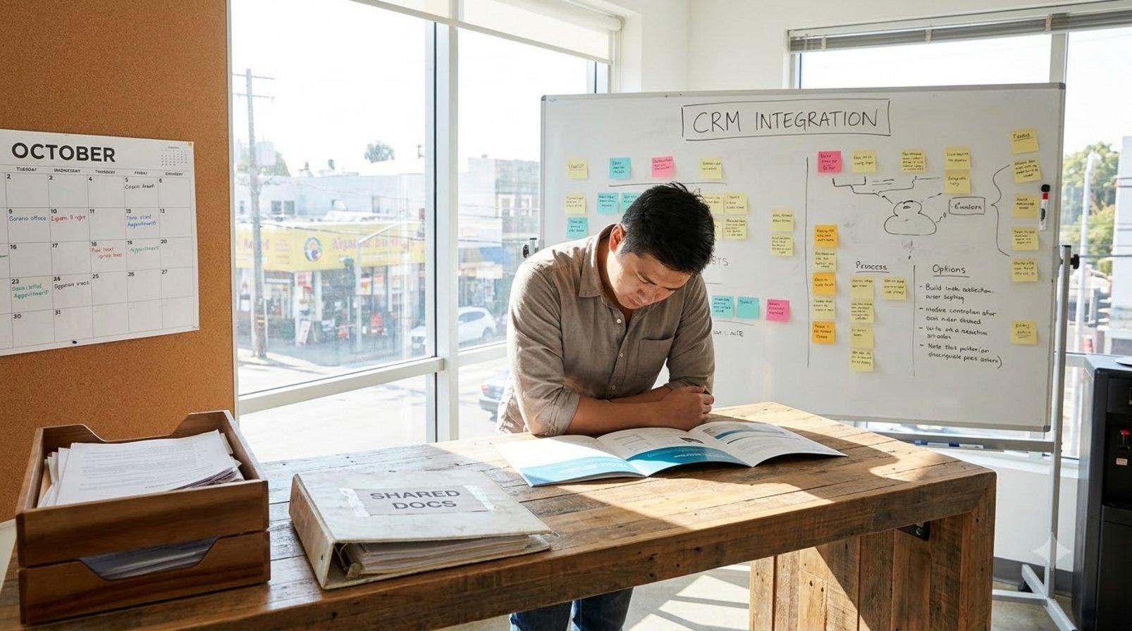 A marketing team comparing vendor brochures beside a CRM board and a wall calendar