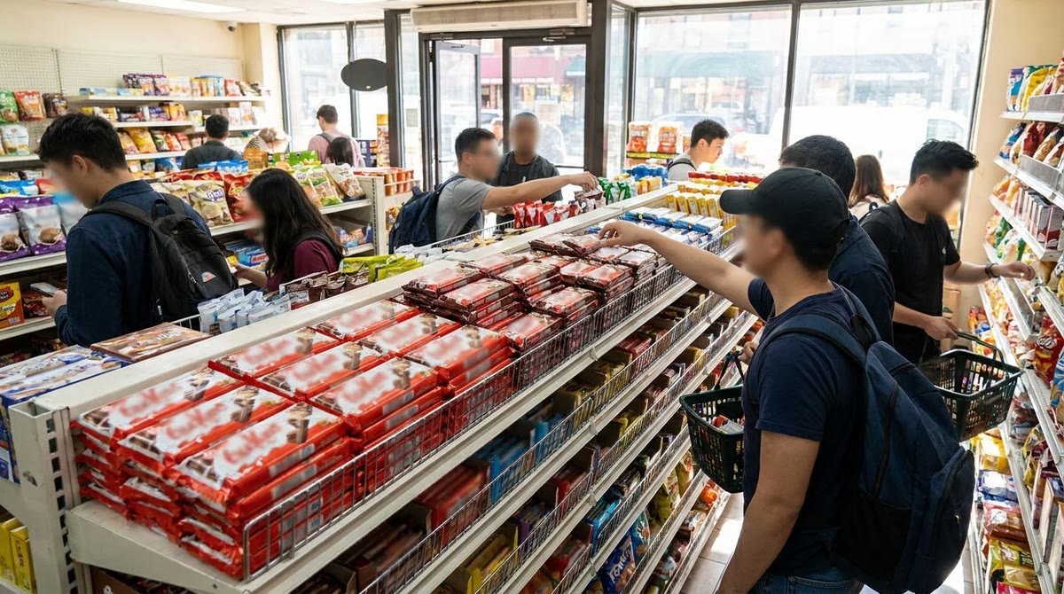 A snack counter in a convenience store, with many chocolate bars lined up on the shelf as a customer reaches for goods