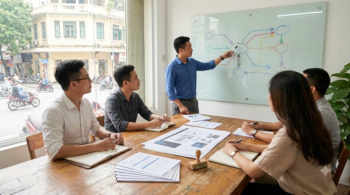 Phòng họp marketing Việt Nam với bản in CRM, CMS và dấu duyệt nội dung