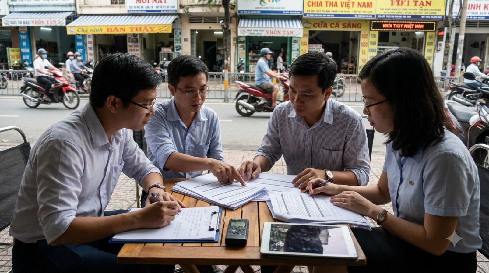 A market research team discussing outside a café with papers and a voice recorder
