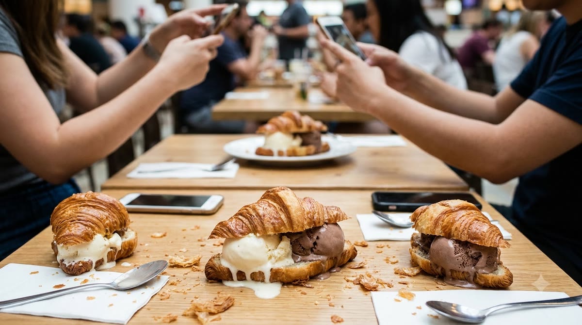 Bánh croissant kem tan chảy trên bàn ăn đông người chụp ảnh