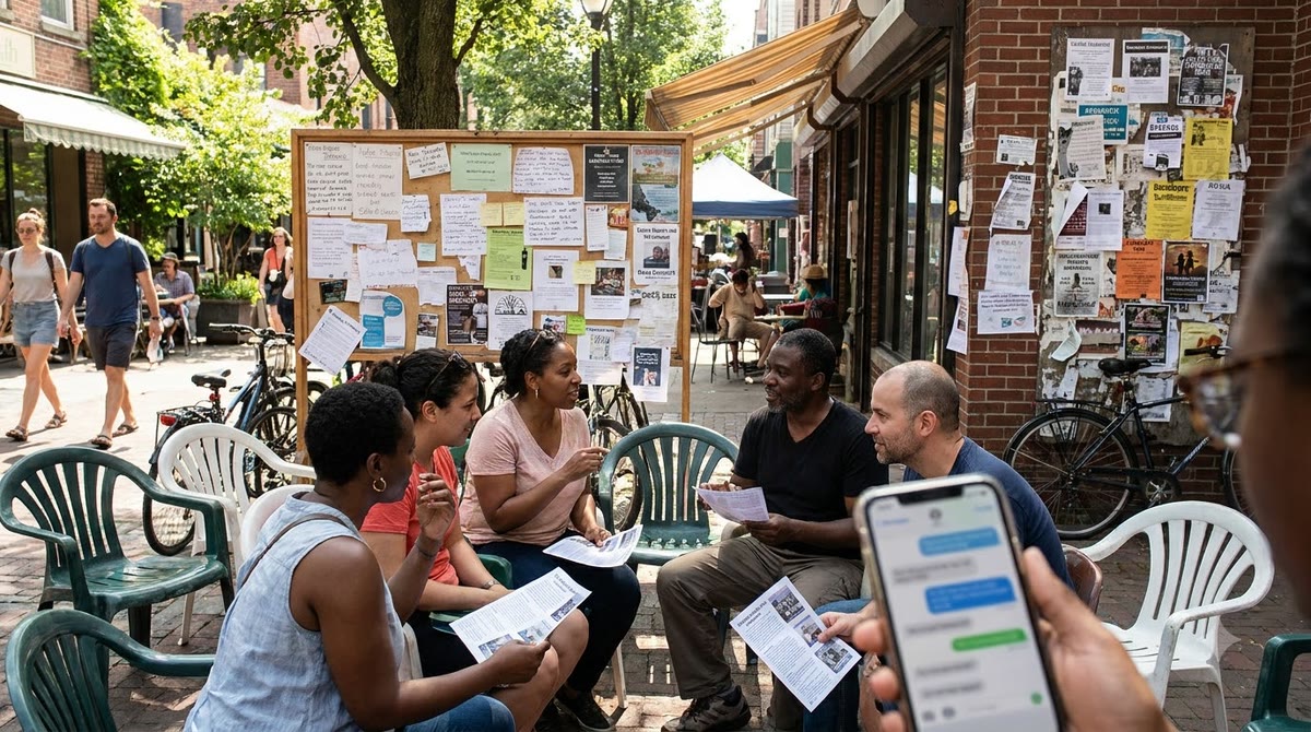 A group of people talking in a residential courtyard, surrounded by community notice boards
