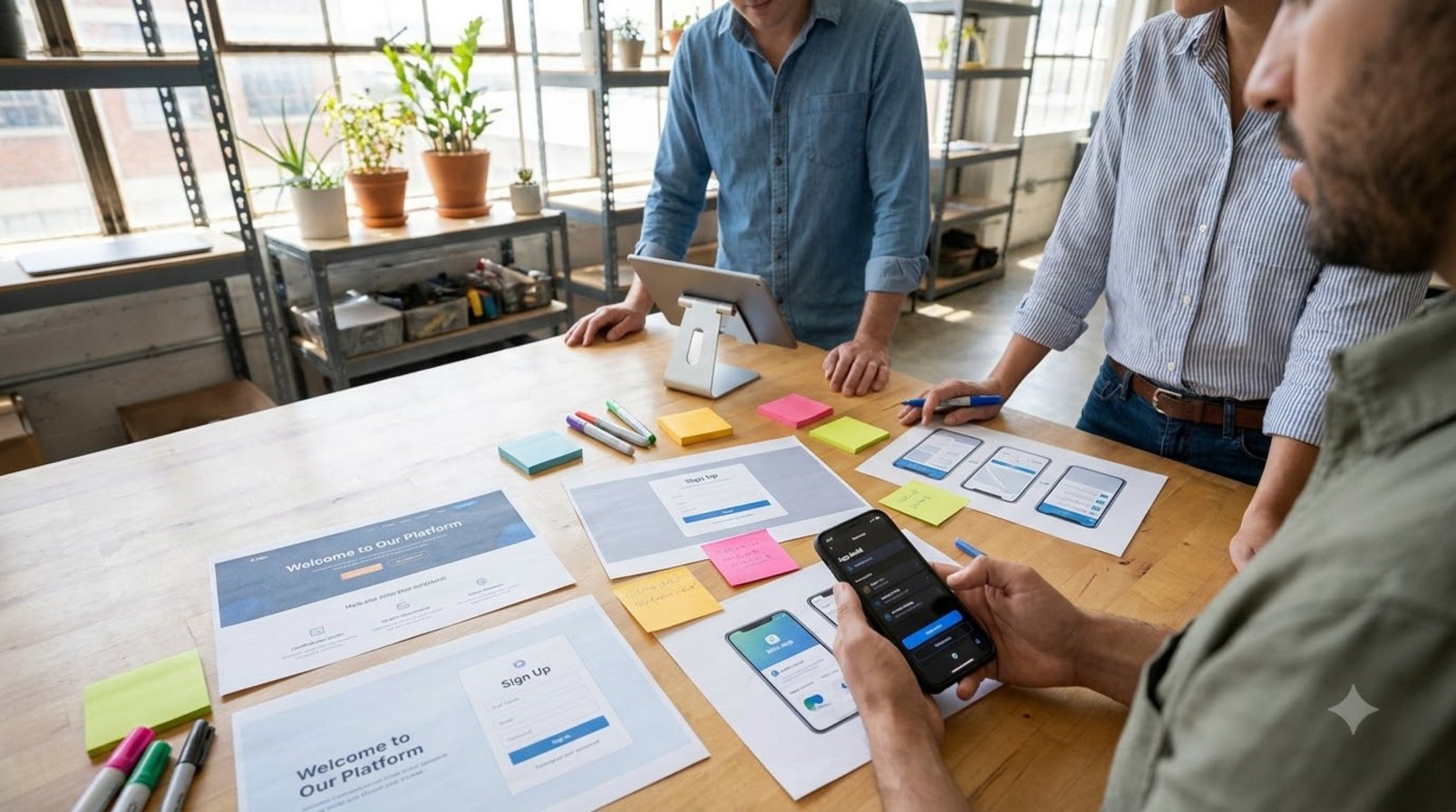 Nhóm nhỏ xem mockup landing page và form đăng ký trên bàn làm việc sáng tạo