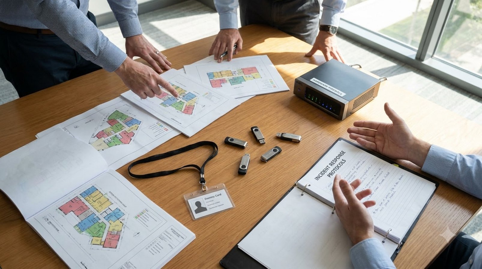 Security meeting table with access diagram, locking devices, and incident response files