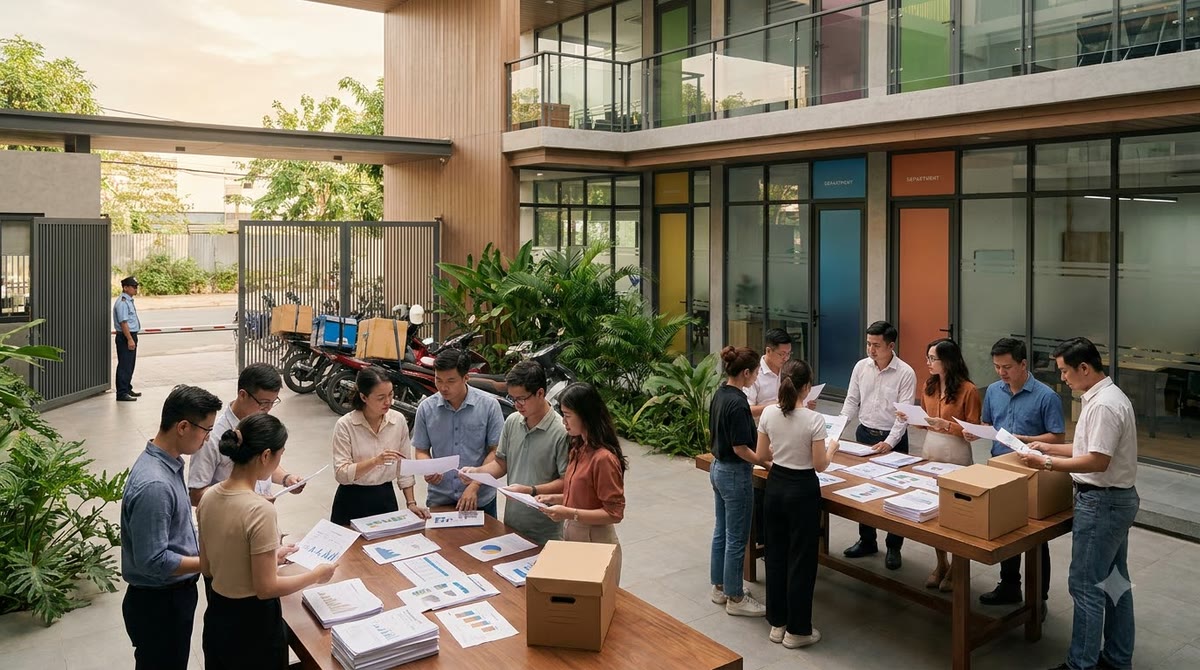 Khuôn viên agency Việt Nam với cổng bảo vệ và các nhóm họp ngoài trời