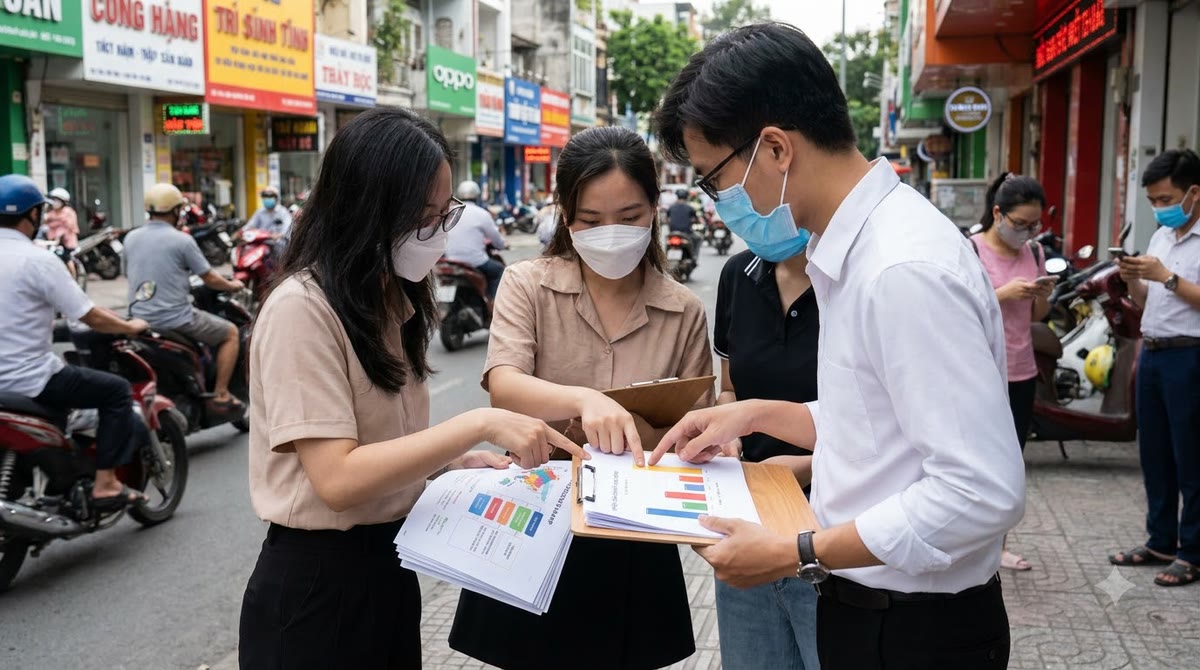 Vietnamese marketing team outdoors reviewing a brief, audience map, and performance charts