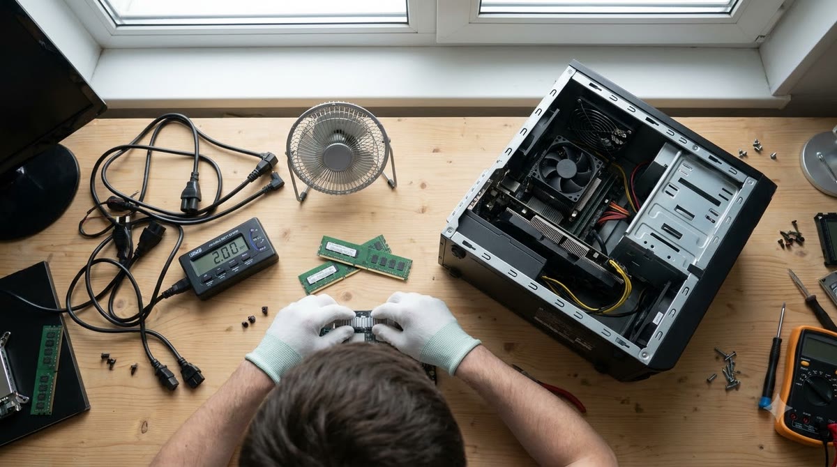 Người kỹ thuật sắp xếp RAM, dây nguồn và máy đo điện trên bàn làm việc