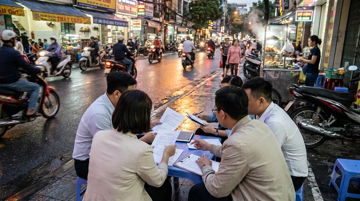 Nhóm marketer Việt Nam xem bản in chiến dịch giữa phố đêm