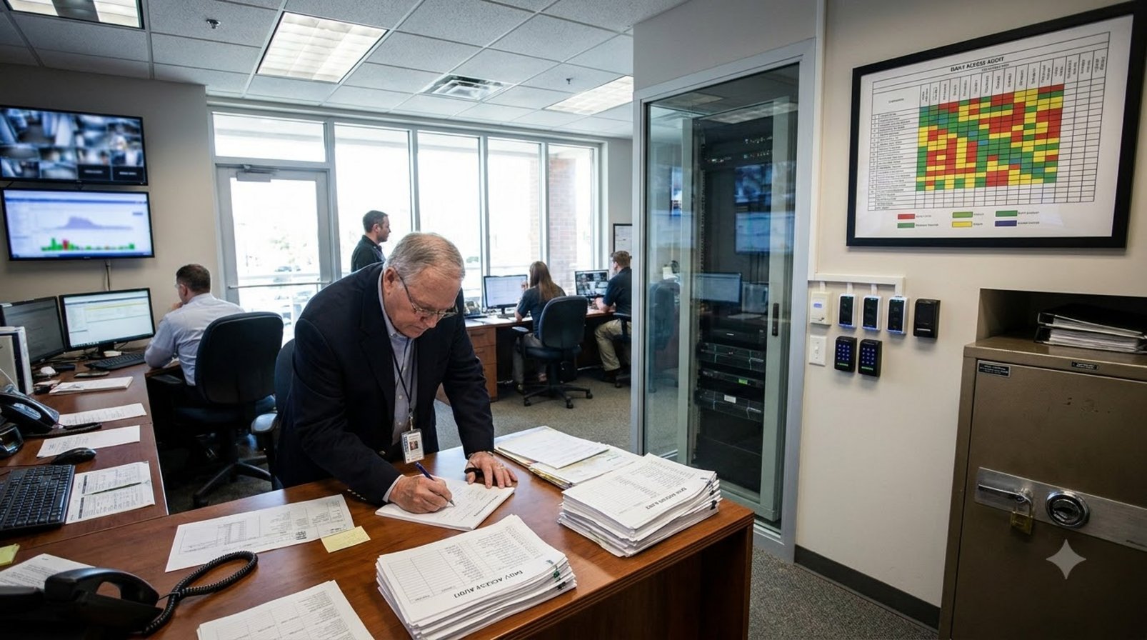 Security control room with an access-rights board, locked cabinets, and an action log book